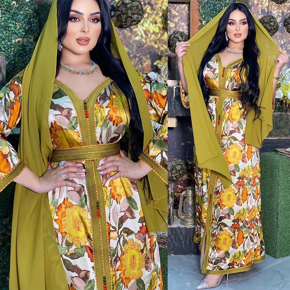 

Muslim Long Dress Turkish Arabian Gown East Asia Middle East Long Printed Belt Dress Women's jalabiya Muslim Women's eid abaya