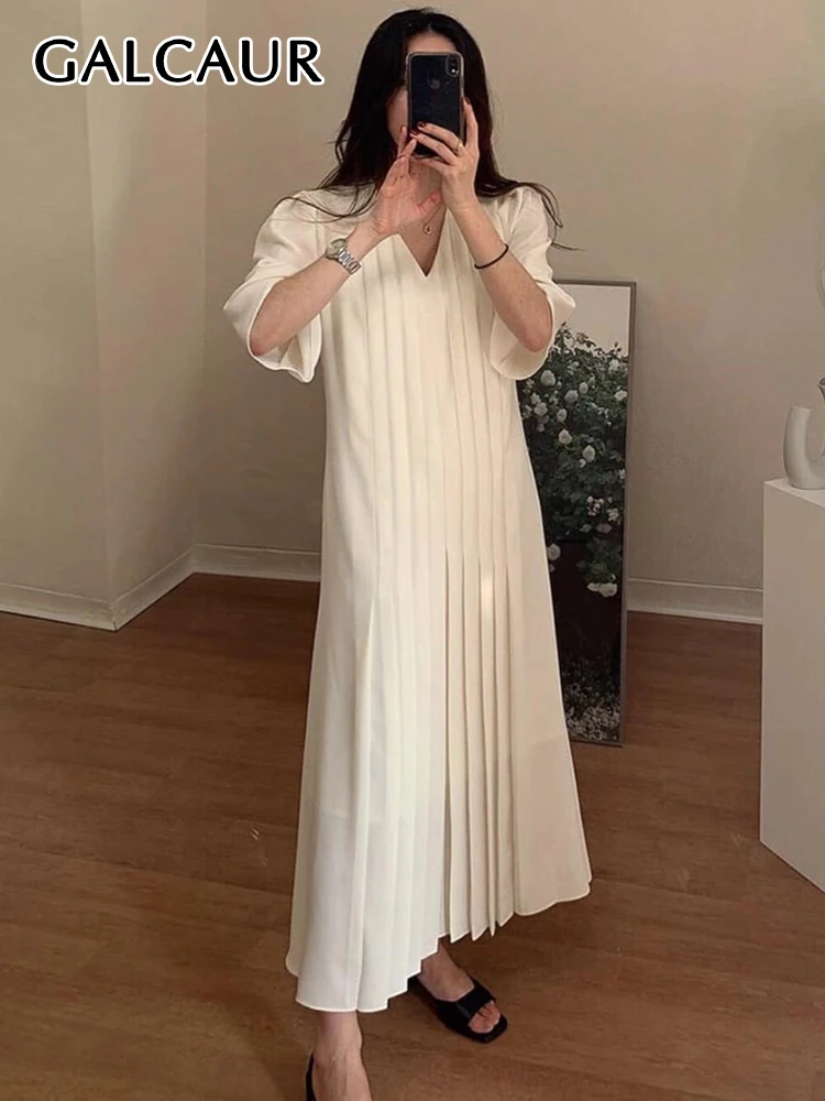 

Минималистичные плиссированные платья GALCAUR для женщин, свободные повседневные корейские трапециевидные платья с V-образным вырезом, длинным рукавом и высокой талией, весна 2023