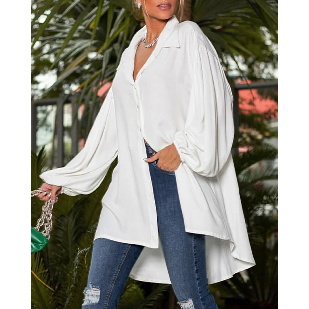 

Women Lantern Sleeve White Dip Hem Button Down Shirts 2022 Autumn Lapel Asymmetrical Long Tops Casual Blouses Elegant Blusas