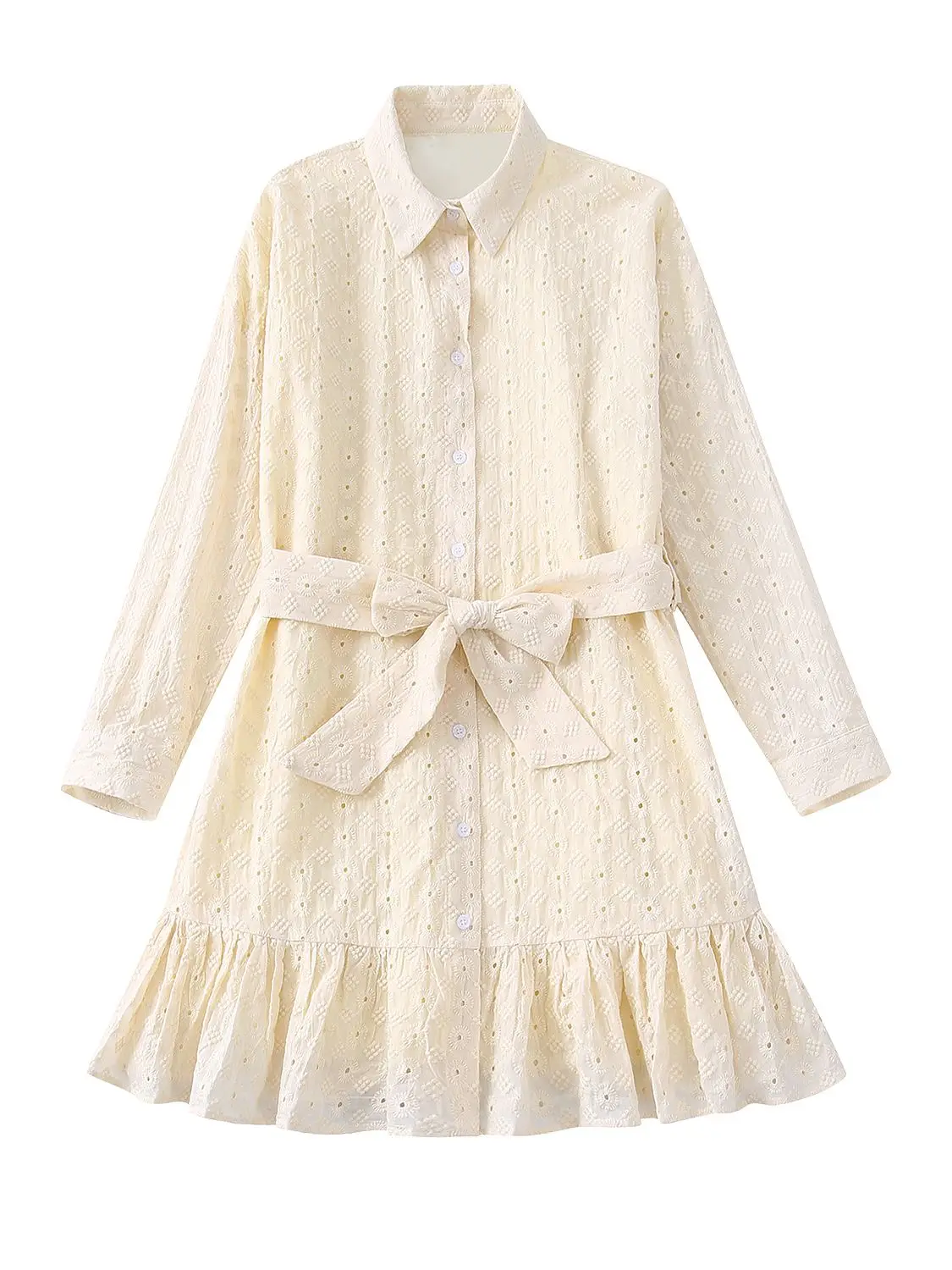 

Fashion With Belt Hollow Out Embroidery Ruffled Mini Shirt Dress Women Vintage Long Sleeve Front Buttons Female Dresses Mujer
