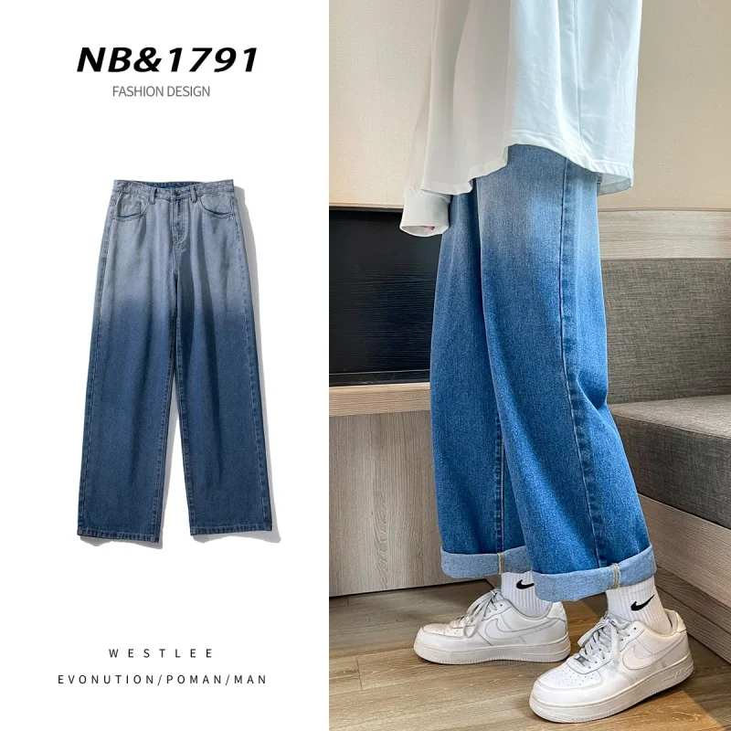 2022 Spring New Men's Denim Wide-leg Pants Streetwear Korean Fashion Gradient Baggy Jeans Male Brand Clothes Black Blue