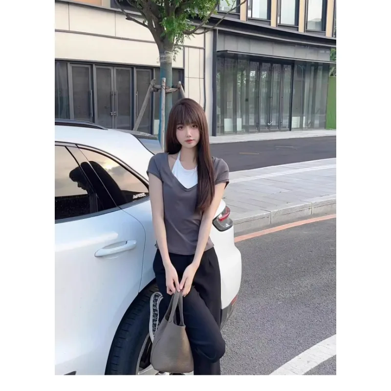 Американский винтажный серый топ на бретелях с коротким рукавом женские летние