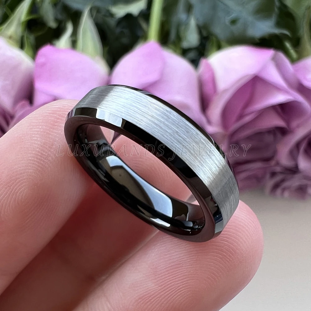 

Tungsten Carbide 4mm Black Ring For Wemen Men Engagement Wedding Band Pipe Cut Rose Gold Brushed Finish High Quality Comfort Fit