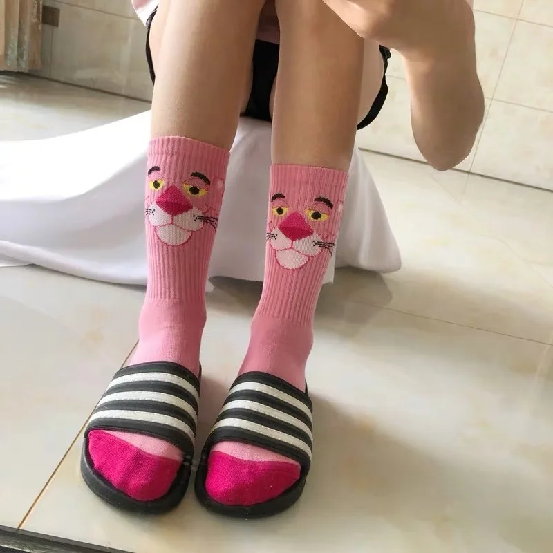 1 pair Women sock Pink Leopard Head Crew Socks Naughty Cotton Ins Fashion Pink Panther Socks Trendy Personality Street Wear Sock
