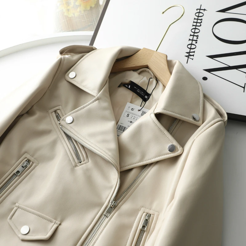 Spring Autumn Women Zippers V-neck Faux Leather Jacket Minimalist Neutral Style Brown Motorcycle Jacket PU Streetwear Coats