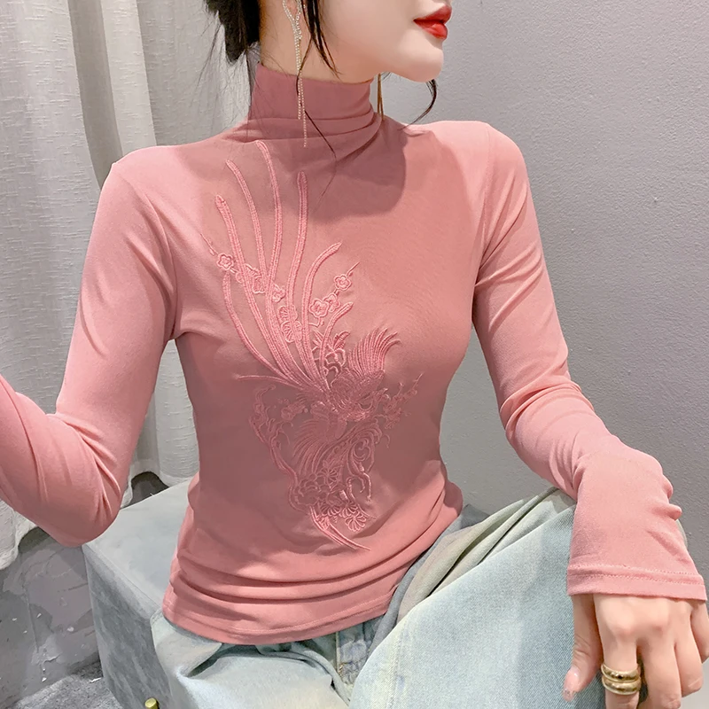 

2023 Autumn Winter Long Sleeved Women Mesh Tops Fashion Embroidery High Neck Slimming Slimming High Stretch Bottom T-Shirt