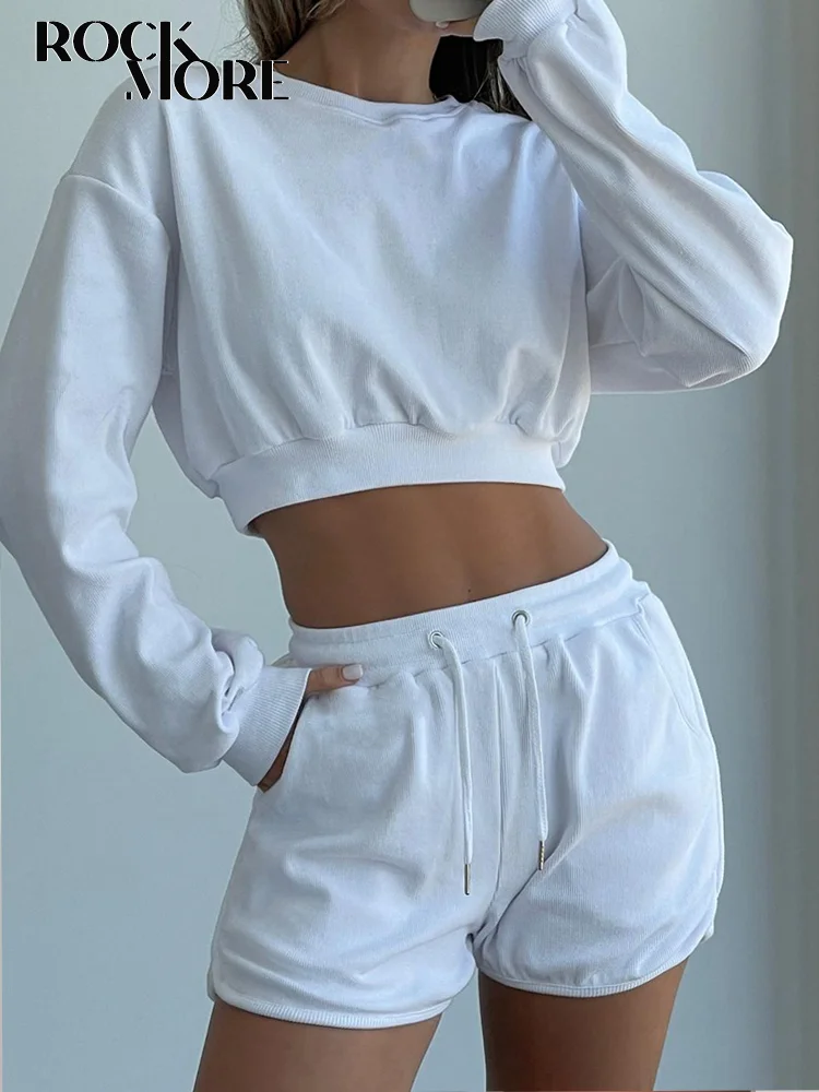 

Rockmore Two Piece Sets Tracksuit Womens Print Crop Long Sleeve Sweatshirt and Shorts Suits Loose Casual Joggers Femme Outfits