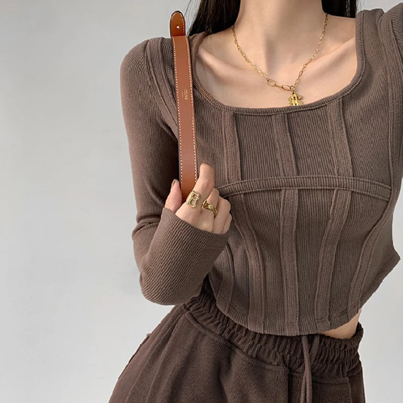 

Fashion Square Collar Women's Slim Fit Top Casual Solid Cropped Long Sleeve Open Waist T-Shirt Sexy Ladies Bottoming Shirt 2022