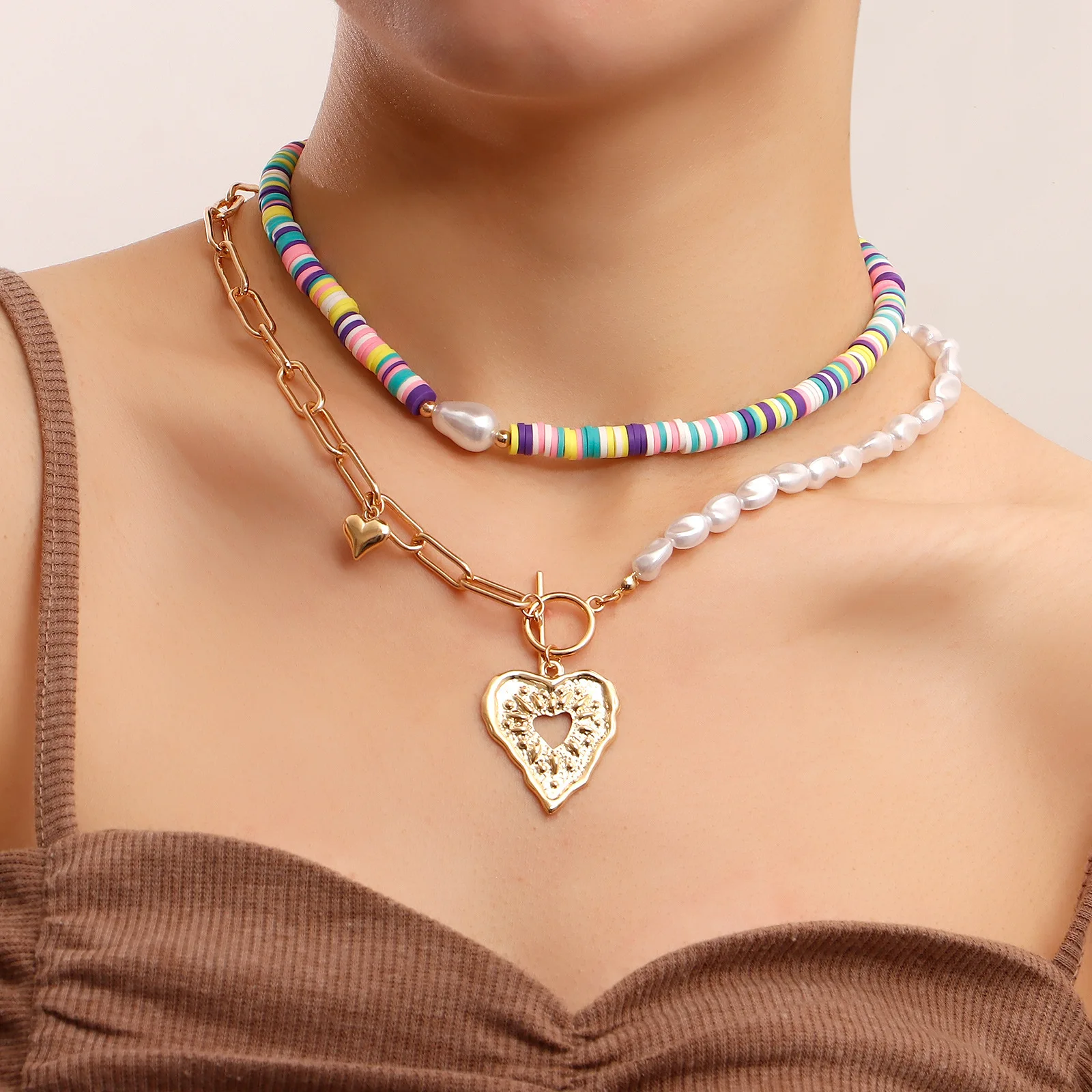 

Bohemian Colorful Soft Pottery Double-layer Necklace Imitation Baroque Pearl Exaggerated Love Pendant Sweater Temperament Chain