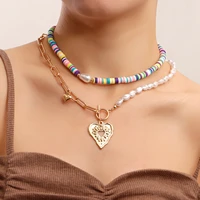 bohemian colorful soft pottery double layer necklace imitation baroque pearl exaggerated love pendant sweater temperament chain