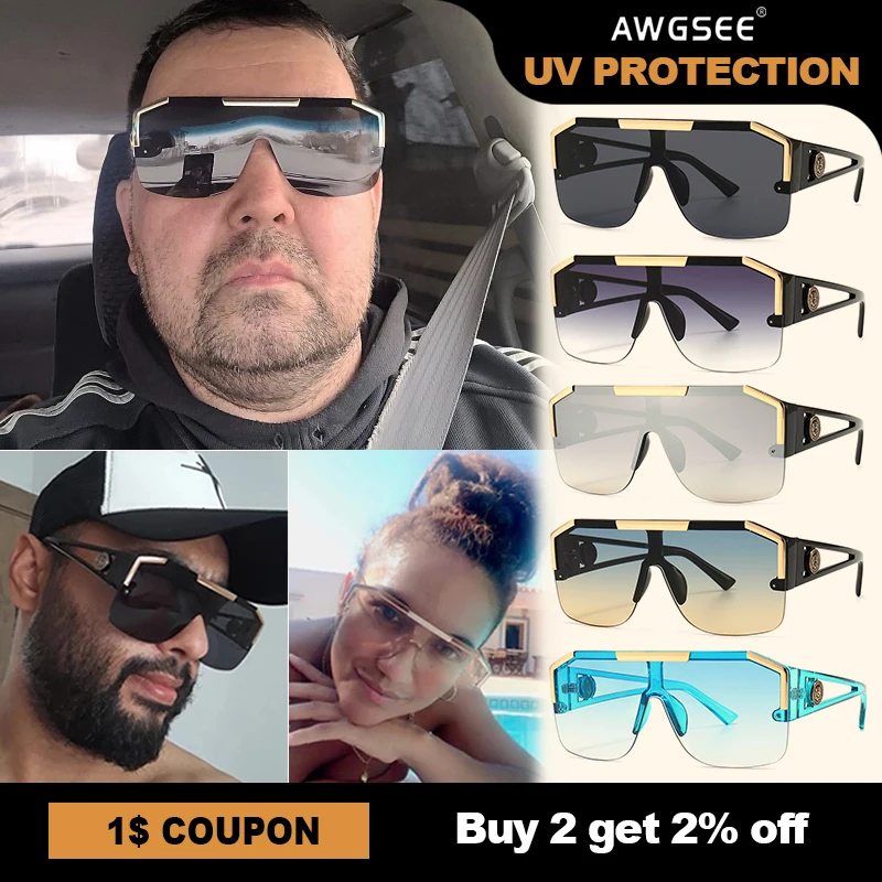 

New Luxury Brand Designer Oversized Sunglasses Men Women Fashion Square Metal Big Frame Semi-Rimless One Lens Sun Glasses UV400