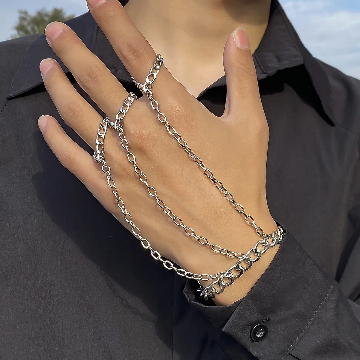 

Punk Geometric Silver Color Link Chain Tassel Wrist Finger Rings Set For Men Women Couple Emo Fashion Jewelry Gifts Hip Hop Ring