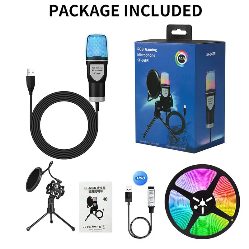Free Shipping USB Microphone RGB Microfone Condensador Wire Gaming Mic for Podcast Recording Studio Streaming Laptop Desktop PC