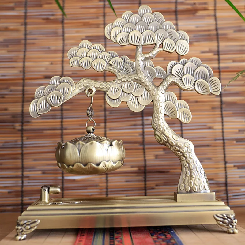 Metal Incense Holder Burner Pine Tree Shape For Backflow Incense Cones Coils Charcoal Fragrant Seal Script Home Temple Decor