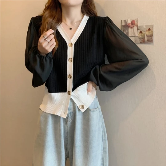 

Black Fashion Cardigans Sweaters V-Neck Long Chiffon Sleeve Tops Fashionable Solid Knitwear Women's Sweater Cardigan Coat Cloth
