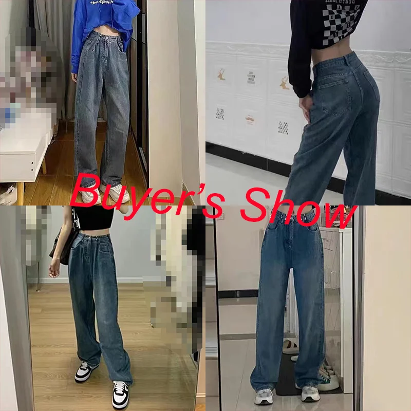 

Hot jeans,2023 Retro Blue High Waist Baggy Jeans Women Autumn Pocket Wide Leg Denim Trousers Woman Streetwear Loose Straight Pan