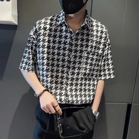 houndstooth print shirts for men summer short sleeve loose casual shirt korean fashion streetwear social party tops man clothing