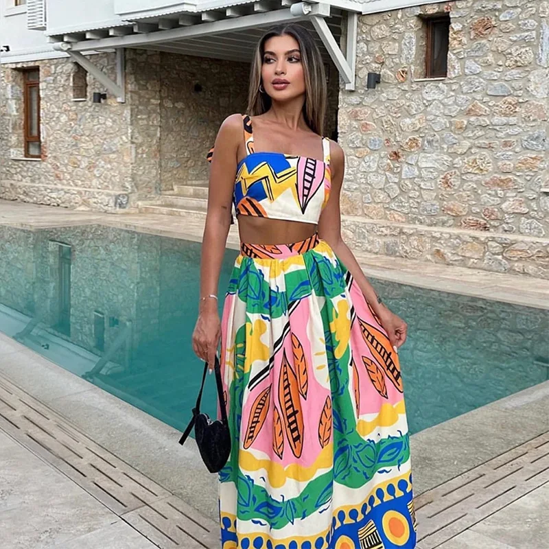 

Women's Summer Dress Sets Holiday Two Piece Set Outfits Beach Skirts Floral Print Sling Top High Waist Skirt Leisure Suit