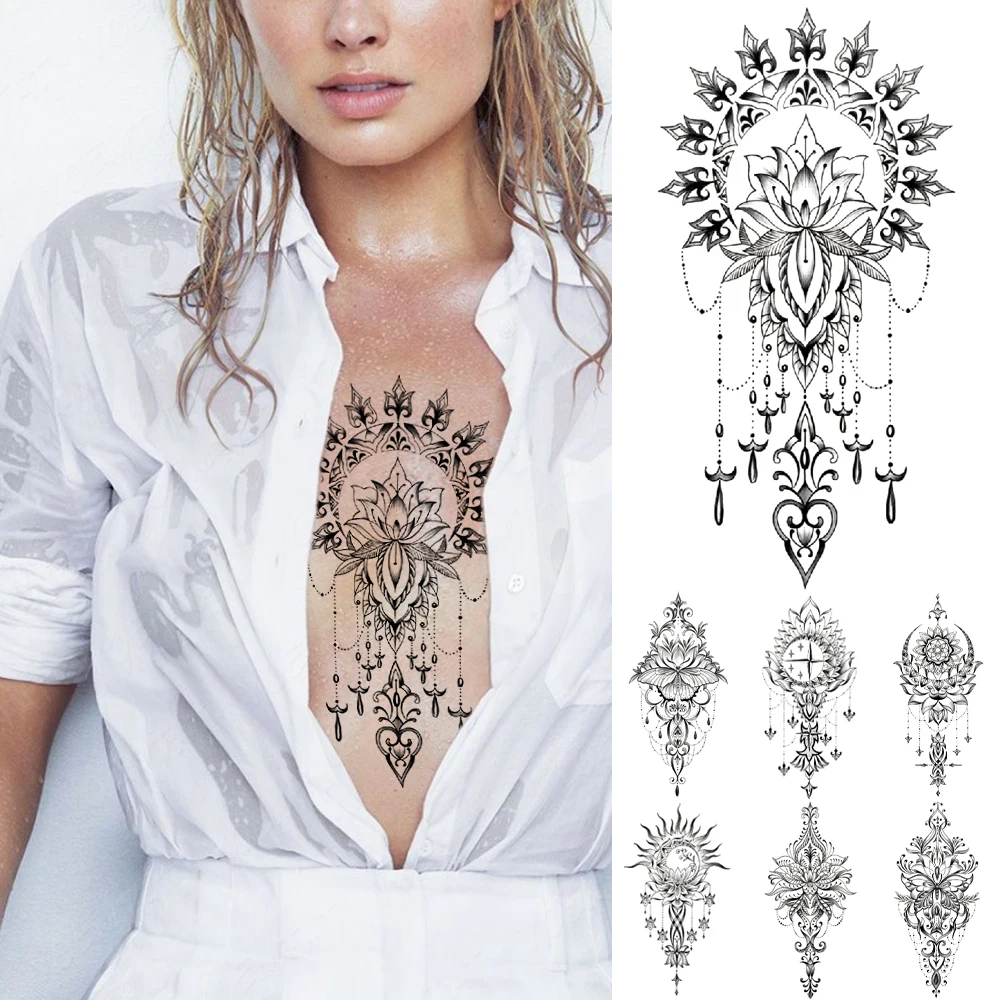 

Henna Totem Waterproof Temporary Tattoo Sticker Lotus Mandala Moon Butterfly Flash Tatto Women Men Chest Body Art Fake Tattoos