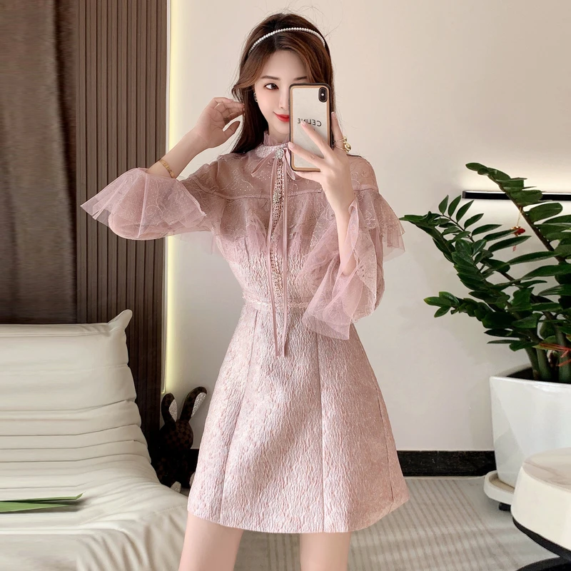 

Новое роскошное французское весеннее розовое платье с расклешенными рукавами, винтажное женское жаккардовое платье составного кроя с вышивкой и оборками