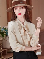 solid white women shirt pearl buttons ruffled bow tie office ladies work wear blouse female luxury female tops blouses summer