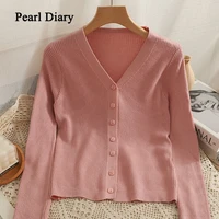 pearl diary autumn long sleeve knitting cardigan low neck single breasted thin top women simple all match vertical bar tops