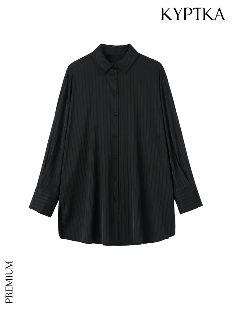 

Женская атласная рубашка KYPTKA, черная винтажная блузка большого размера в полоску с длинным рукавом и боковыми разрезами на лето 2019