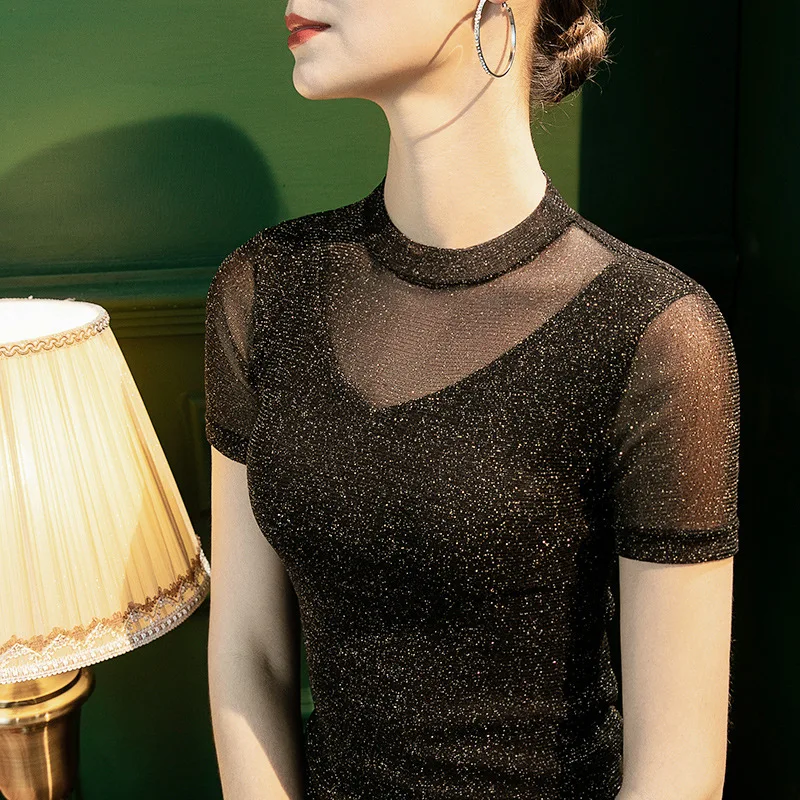 

Тянущаяся сетчатая черная пикантная блестящая шифоновая рубашка, Новинка лета 2022, яркая шелковая футболка, женский топ с вырезами для танце...