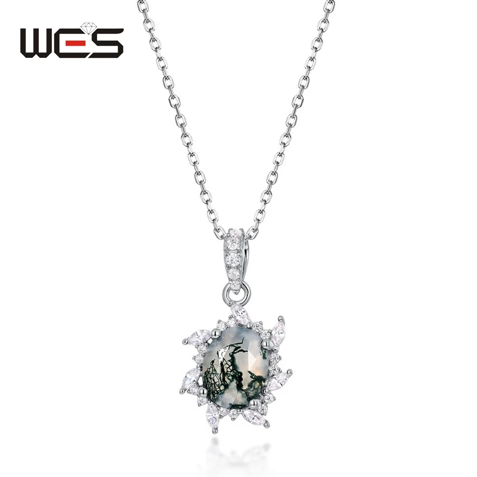 

WES 925 Sterling Silver Natural 7*9mm Moss Agate Gemstone Pendant For Woman Wedding Engagement Birthday Gift Fine Jewelry