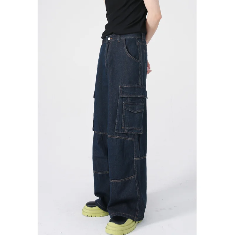 Streetwear Men 2022 Fashion New Pattern Vintage Recreational Big Pocket Jeans Loose Straight Cylinder Cargo Pants Autumn Female