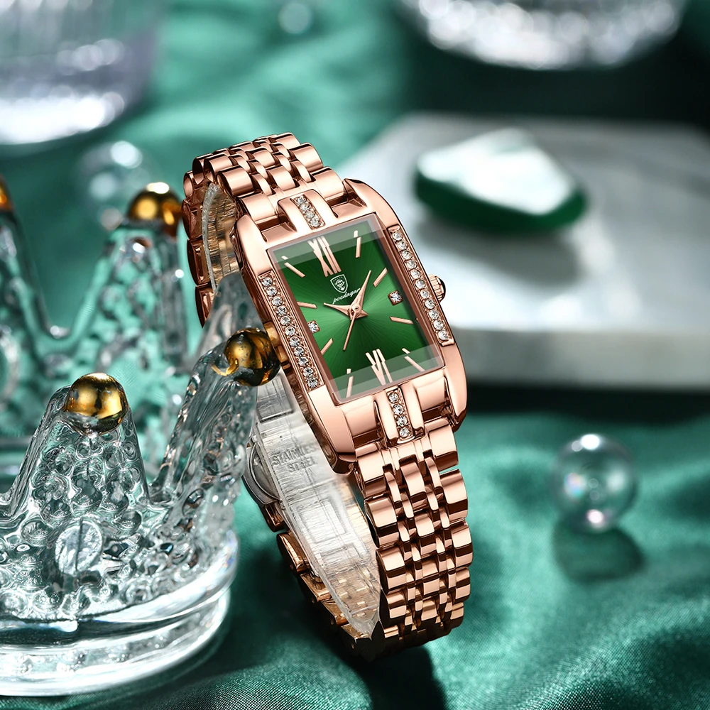 POEDAGAR Women Watch Fashion Luxury Diamond Green Dial Square Quartz Watches Stainless Steel Waterproof Ladies Wristwatch Gift enlarge