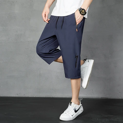 2024 нейлоновые ледяные шелковые брюки для мужчин летние тонкие Укороченные спортивные однотонные повседневные брюки мешковатые брюки джоггеры