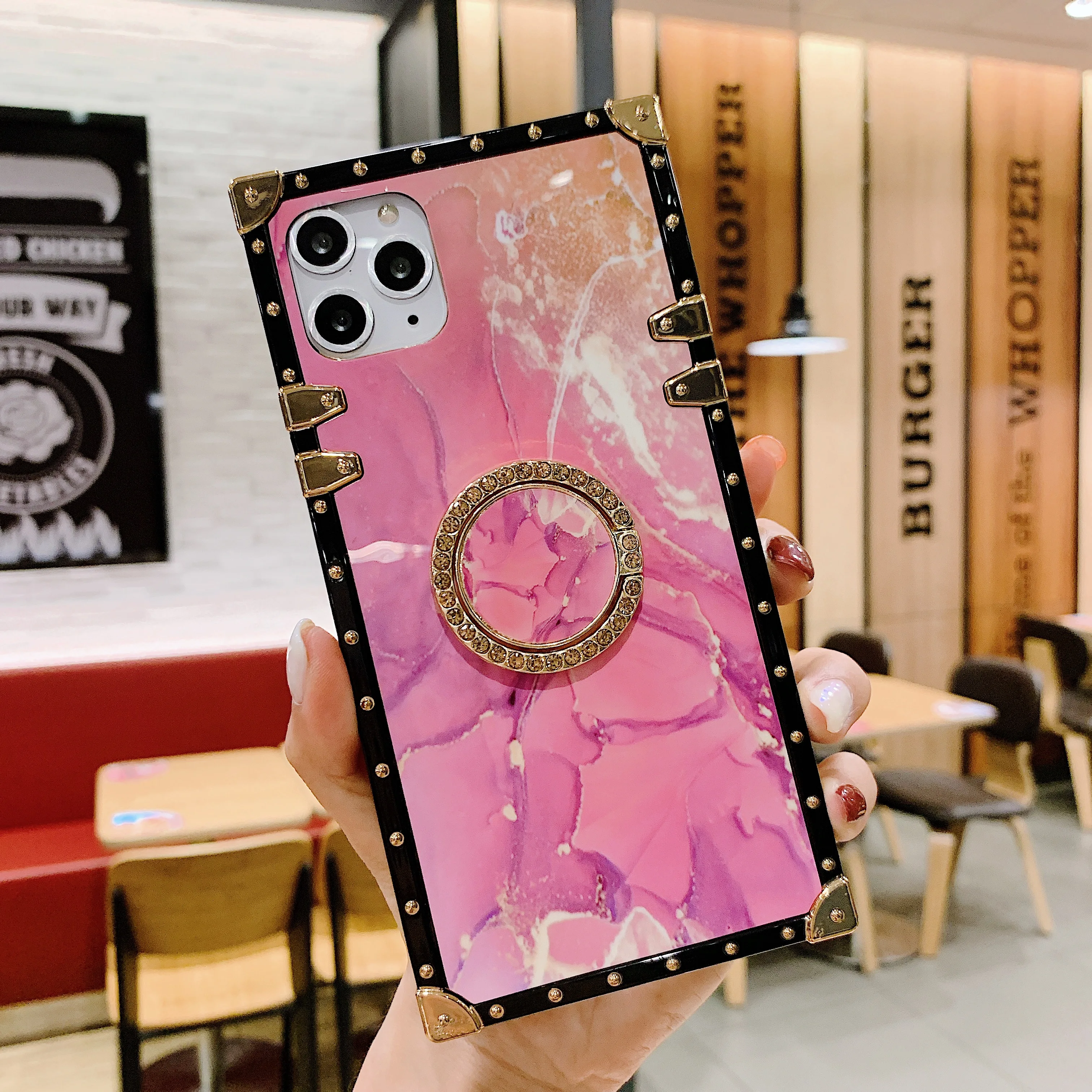 

Square Pink Shiny Diamond Finger Stand Case For Samsung A51 A71 5G A01 A91 A50 A70 A10 A30 A02 M30 A21 A10S A20S Cover