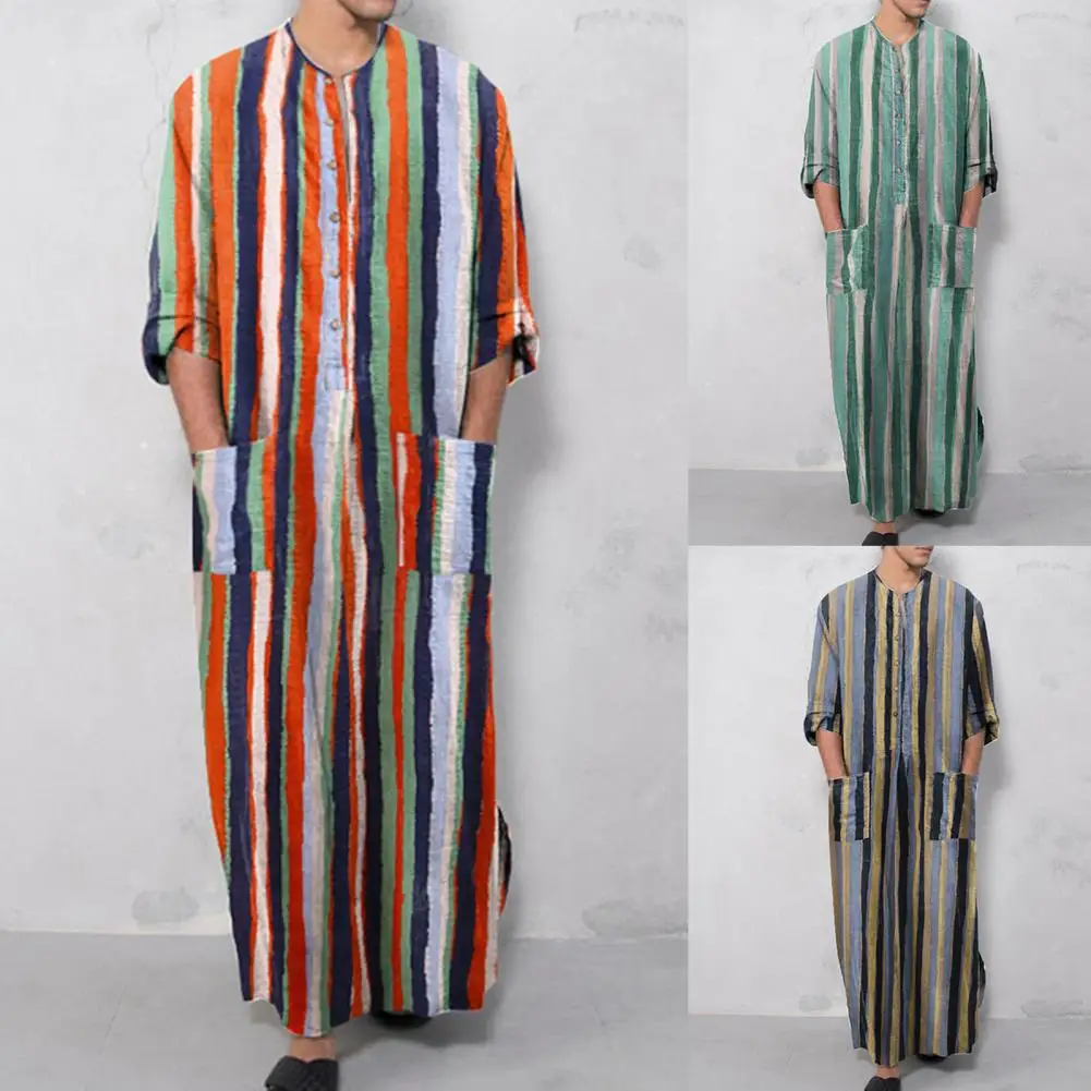

Long Shirt Buttons Gown Shirt Long Skin-friendly Fabulous Colorful Striped Male Shirt