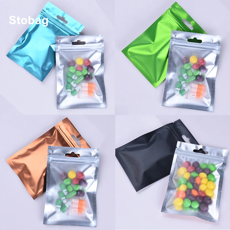 

StoBag 50pcs Aluminum Foil Ziplock Bag Hang Hole Transparent Frosted Sealed Plastic Candy Jewelry Drug Storage Resealable Color