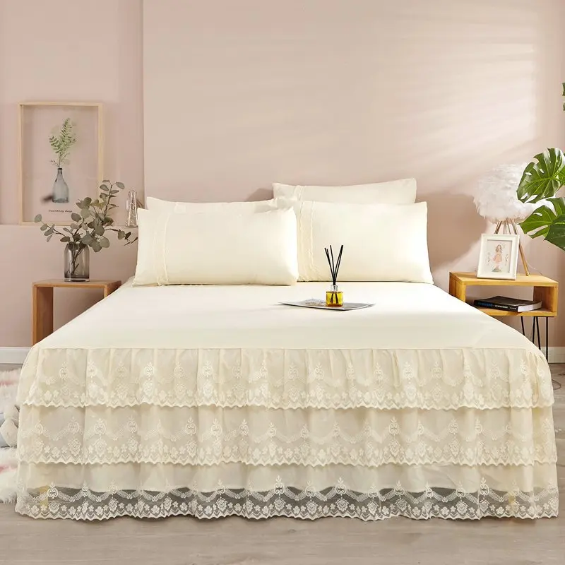 

Solid Color Bed Skirt Comfortable Fade Resistant Twin Full Queen King Bedding Lace Bedspread Bed Cover Home Textile Decoration