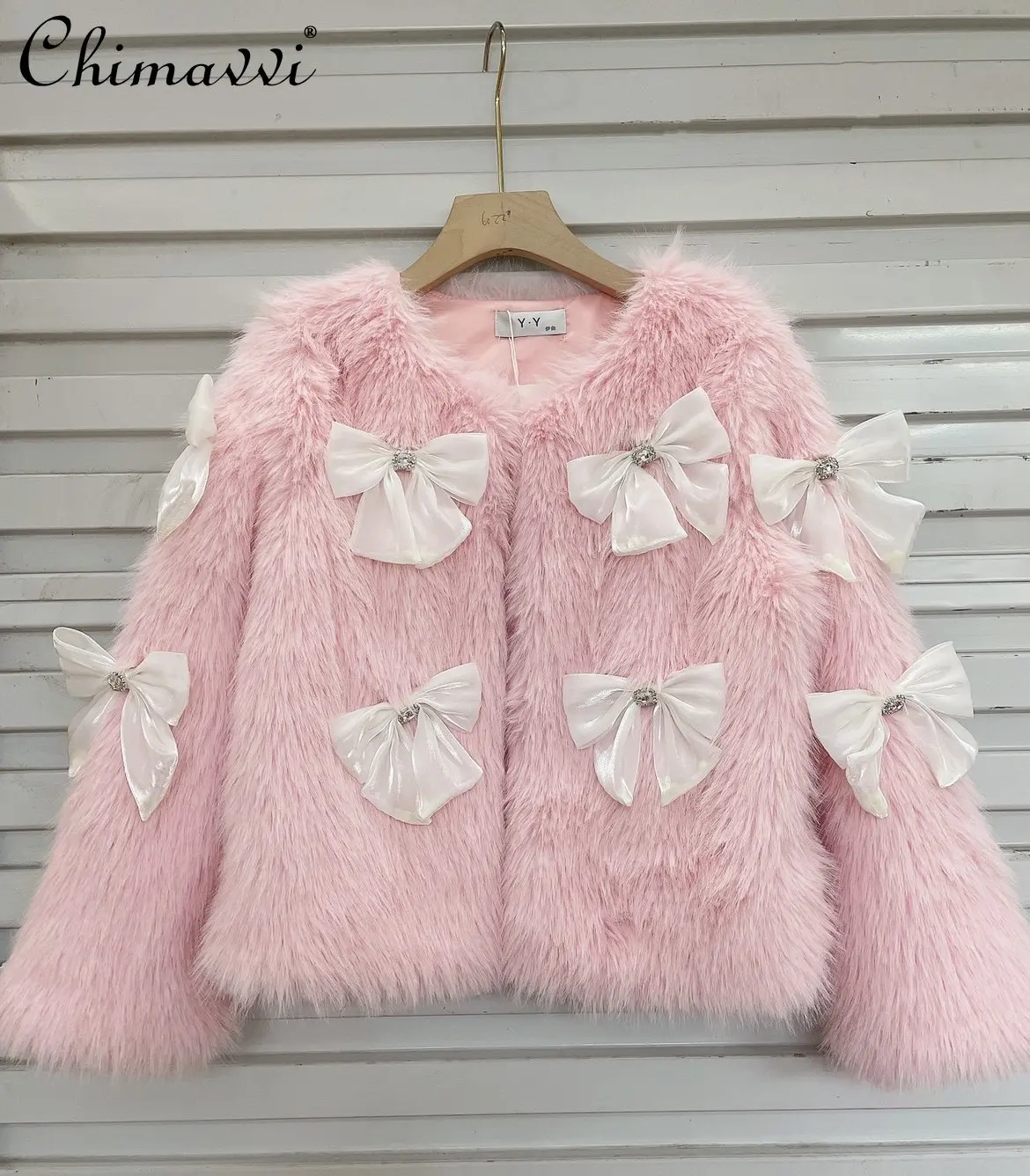 

Diamond Bow Sweet Imitation Fox Fur Coat Female 2022 Fall Winter Fashion Sweet Temperament Long Sleeve Fur Jacket All-match