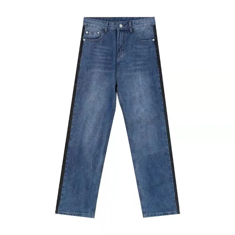 Jeans men's straight loose wide legs are thin and tall Korean version of retro trousers Hong Kong style contrast color Casual