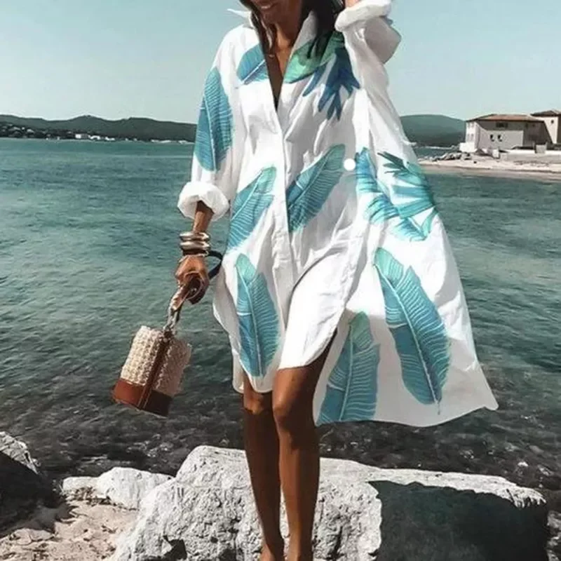Shirt Dress Women Summer Casual Print Button Long Sleeve Loose Beach Dresses Female Elegant Bohemian Vacation Sundress