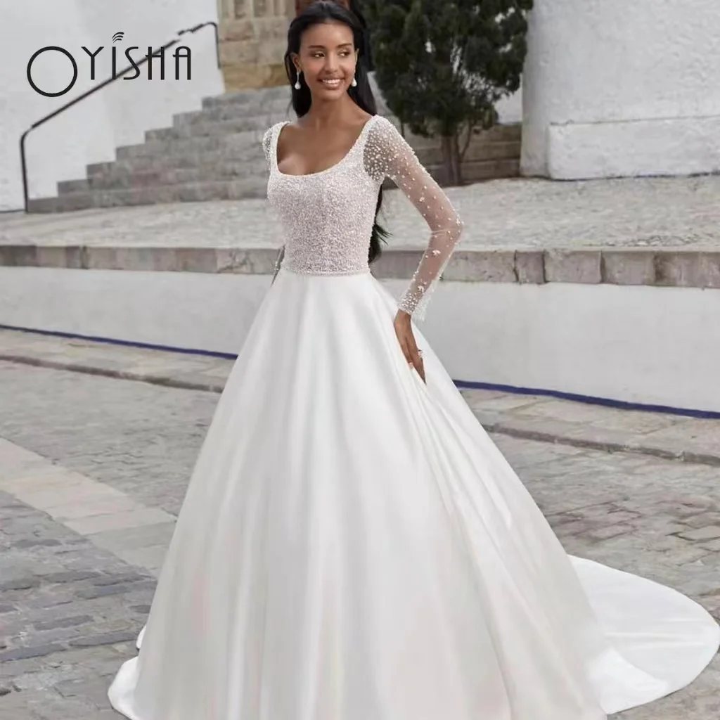 

OYISHA Modern Square Collar A-Line Wedding Dresses Glitter Long Sleeveless Beaded Bridal Gowns Backless Vestido De Novia 2023