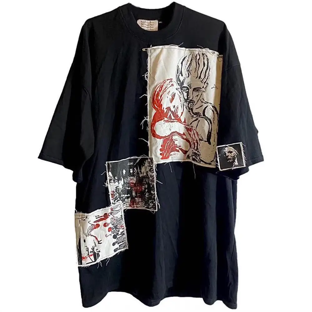 

Dark punk print T-shirt patch stitching short-sleeved men's and women's Streetwear Hip-hop harajuku men's and women's tops