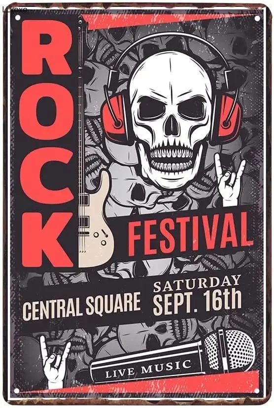 

Retro Hohappyme 12x8inch Music Tin Signs Skull Rock Band Style Metal Signs As Wall Decor, Decorative Retro Coffee Bar Sign Black