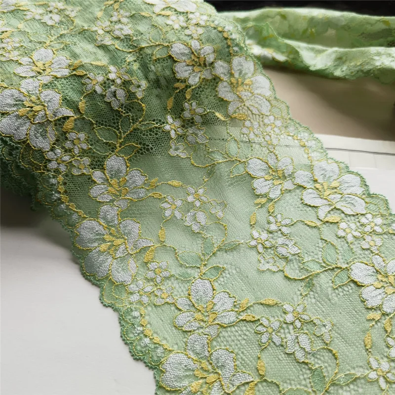 

15meters Green Elastic Lace Trim Floral Bilateral Embroidered Lace Fabric for Women Lingerie