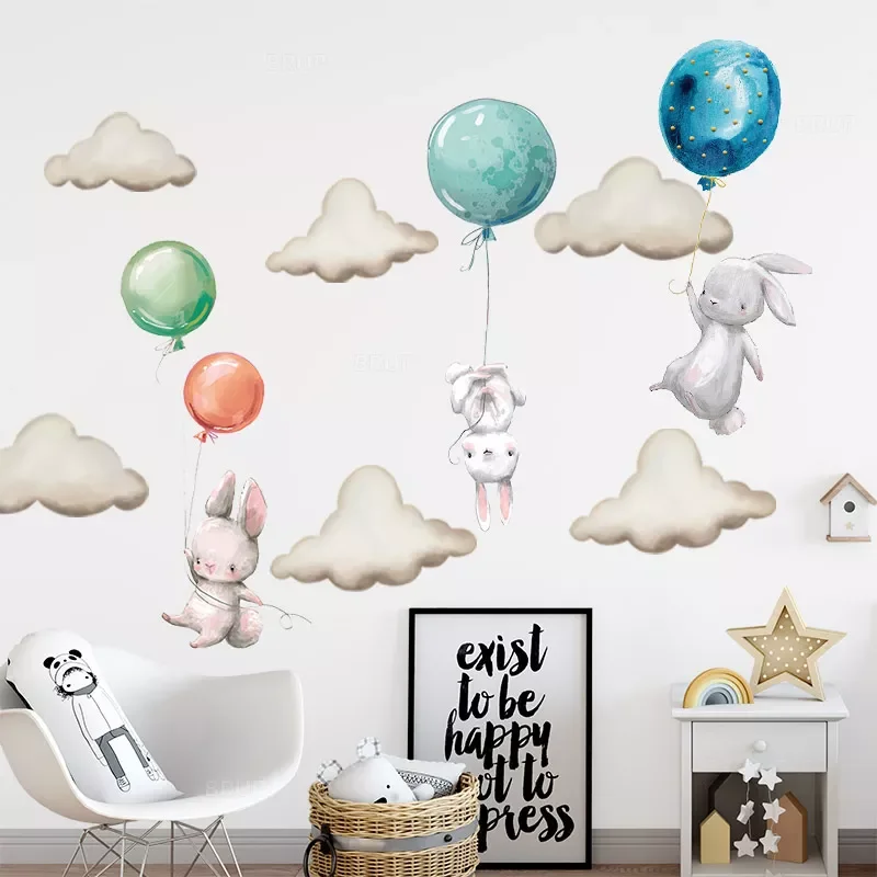 

Pink Balloon Bunny Cloud Wall Stickers for Kids Room Baby Nursery Room Decoration Wall Decals Boy and Girls Gifts PVC