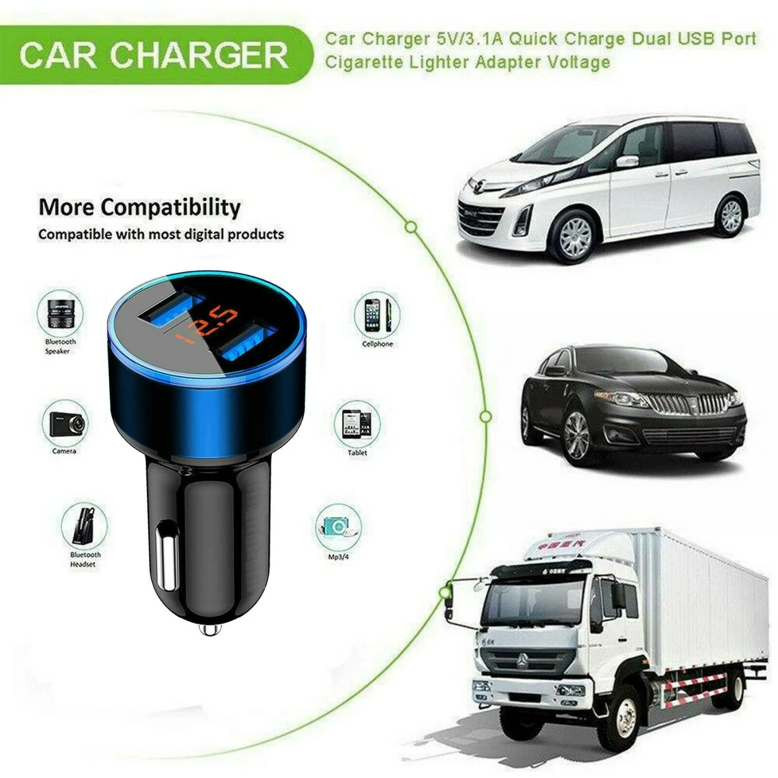 

Blue Car Charger 5V Display Car Charger LED Fast QC Charging Phone Charge Plug Aluminum Alloy Multi-Function Halo Digital Car