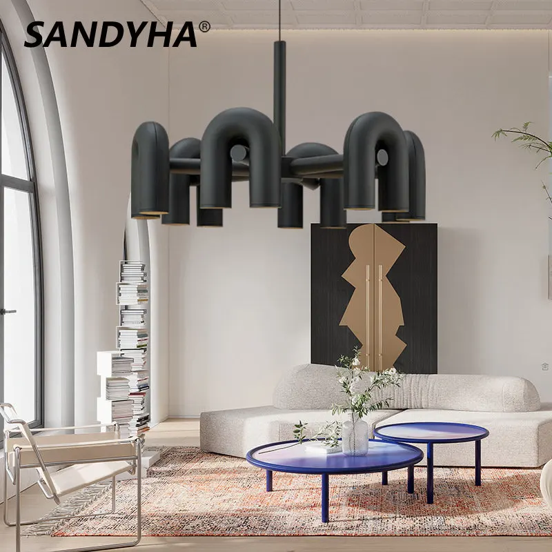 

SANDYHA Chandelier New Creative Macaron Pendant Light U Shape Led Lamp for Living Room Decor Lustre Salon Lampara Colgante Techo