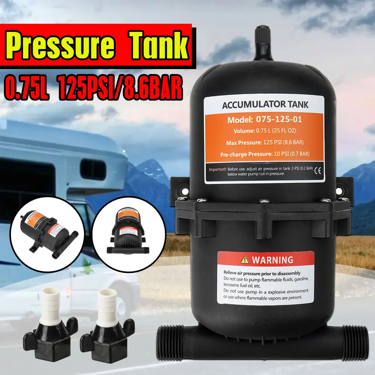 

Marine RV Water Accumulator Tank Boat Water Pump 0.75L Pressure Accumulator 125 PSI