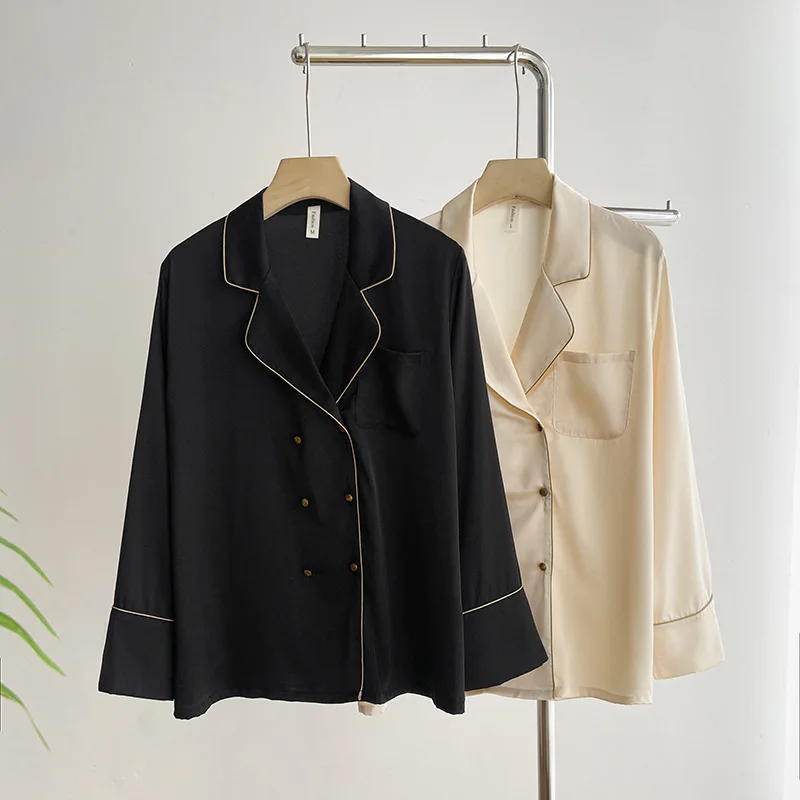 

Spring Sexy Solid Color Ice Silk Satin Long Sleeve Shirt Pants Homewear Sleepwear Autumn Couple Women Men Rayon Pajamas Set