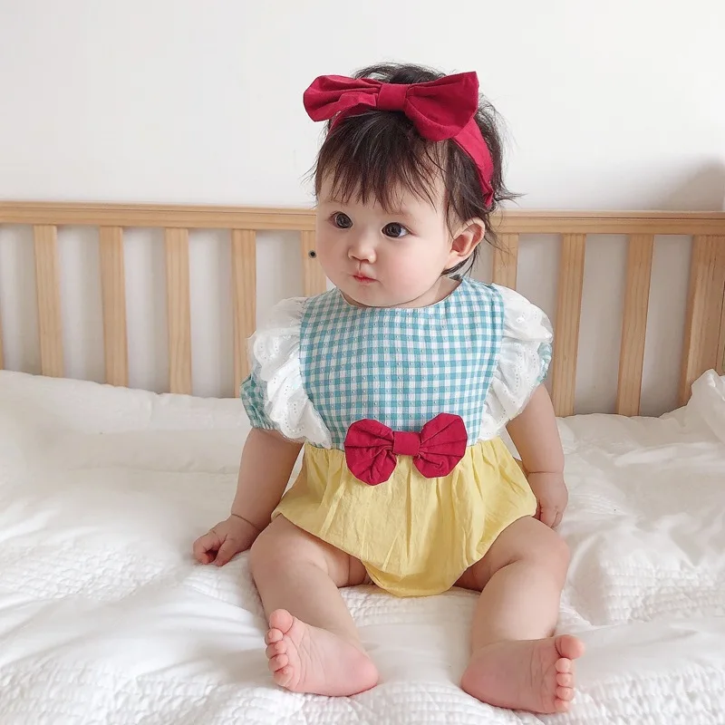 

Summer Newborn Infant Kids Baby Girl Short Sleeve Blue Plaid Patchwork Romper Yellow Jumpsuit+Red Headband Outfit Clothes 0-18M
