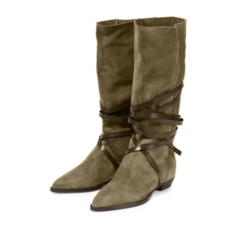 

Женские сапоги до середины икры, Осенние однотонные сапоги из флока с острым носком, на квадратном каблуке, со шнуровкой, модные Плиссирован...